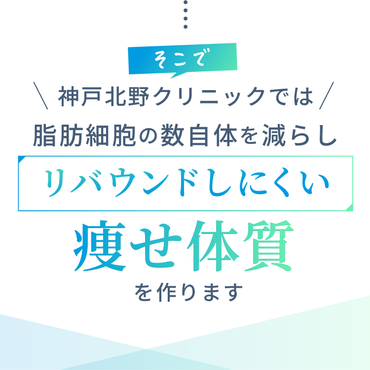 そこで神戸北野クリニックでは脂肪細胞の数自体を減らしリバウンドしにくい痩せ体質を作ります